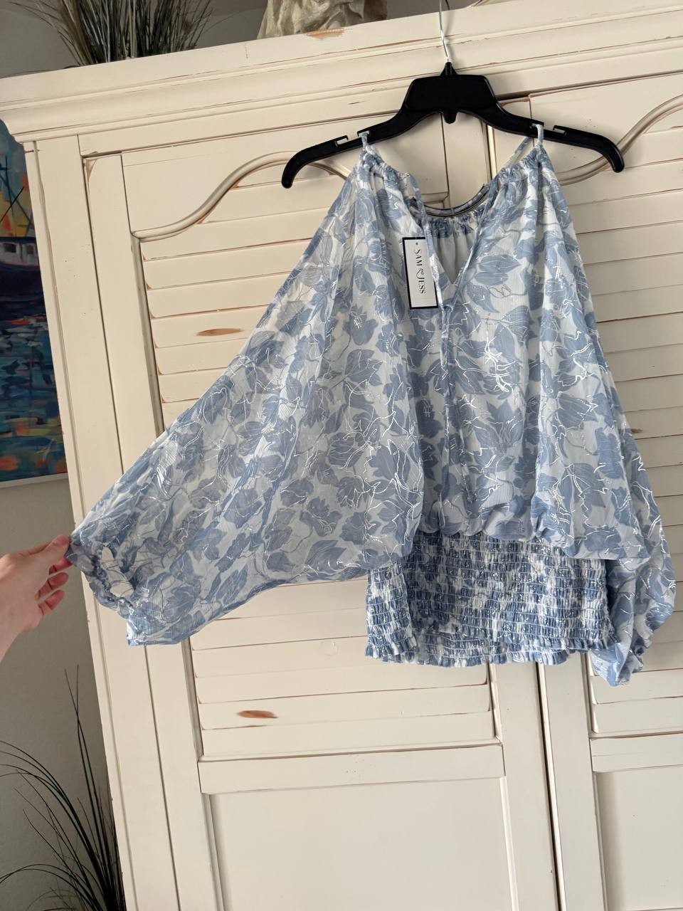 Sam & Jess Off-Shoulder Halter 3/4 Sleeve Blouse Women’s XL Navy Printed Top NWT