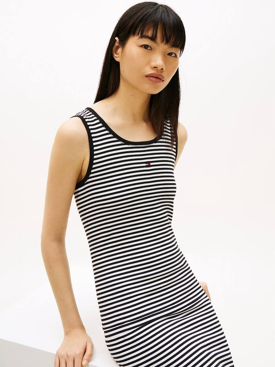 Tommy Hilfiger Ribbed Sleeveless Slim Mini Bodycon Dress Black/Ecru 12 NWT $99
