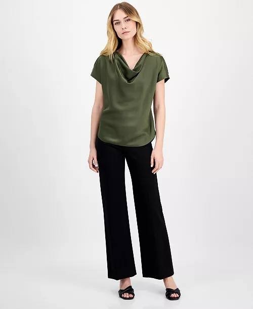 Anne Klein Solid Cowlneck Short-Sleeve Blouse Olive L NWT $69