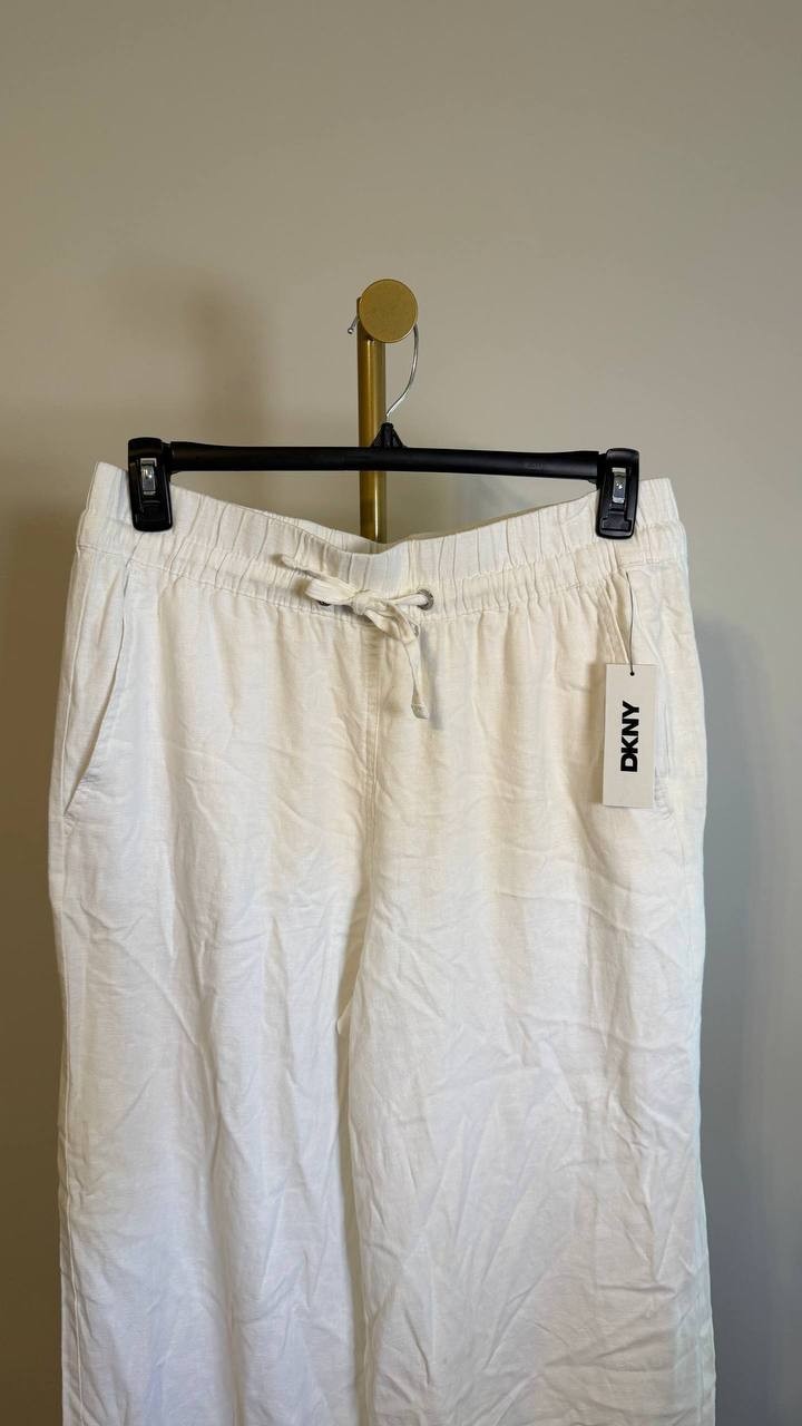 DKNY Linen-Blend Drawstring Wide-Leg Pants Light white L $89 NWT
