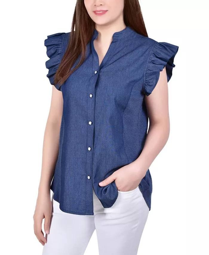 NY Collection Petite Chambray Top Blue PL NWT  $40