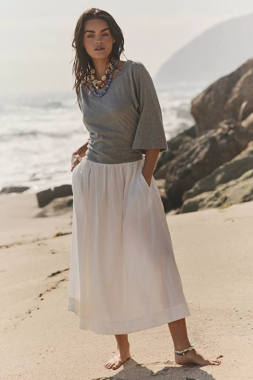 Free People Sunlit Chic White Midi Dress XS - Boho Minimalist Poplin Skirt