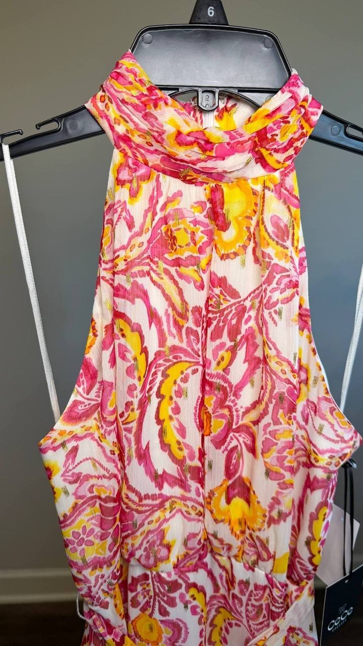 CeCe Printed Sleeveless Tiered‑Ruffle Maxi Dress Magenta 2 NWT $119