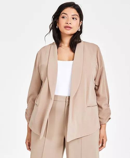Bar III Blazer PS Warm Ginger Petite Knit Drape Front Ruched Sleeve Open NWT