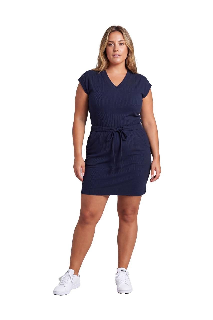 24Seven Comfort Apparel Curvy Ribbed Knit Drawstring Dress Navy 2X NWT $59