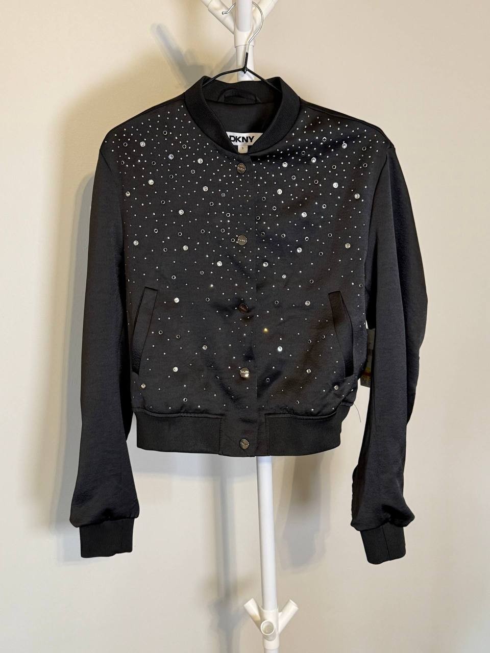 DKNY Studded Snap‑Front Bomber Jacket – Size S – Black – NWT