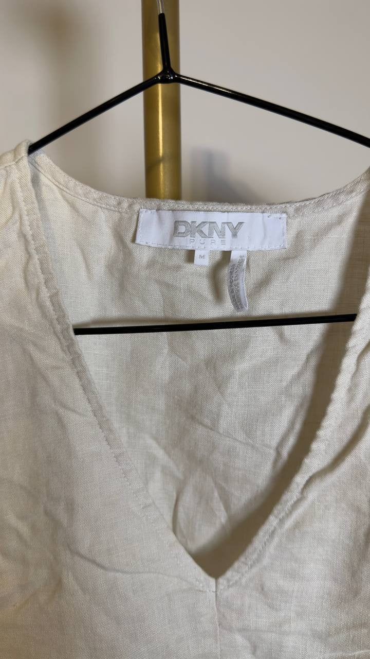 DKNY Women’s V‑Neck Linen Cap Sleeve Top Beige M NWOT $79