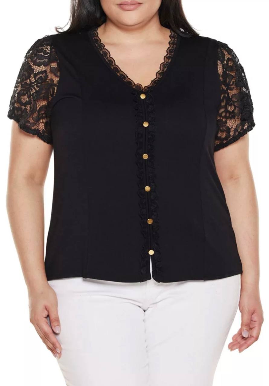 Belldini Plus Size Crochet Lace Sleeve V‑Neck Top Black 1X NWT $59