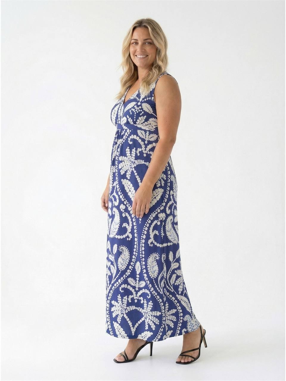 24Seven Comfort Apparel Sleeveless Empire Maxi Dress White/Navy 1X NWT $53