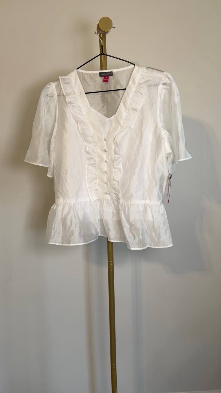 Vince Camuto Flutter-Sleeve V-Neck Top Ultra White M NWT $99