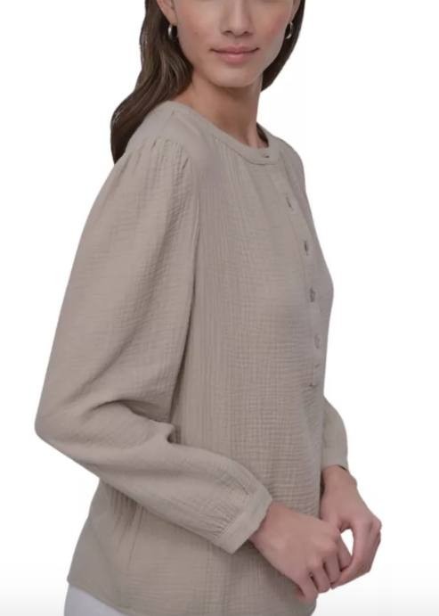 DKNY Jeans Textured Button‑Front Long‑Sleeve Top – Beige – Size XL – NWT – $59