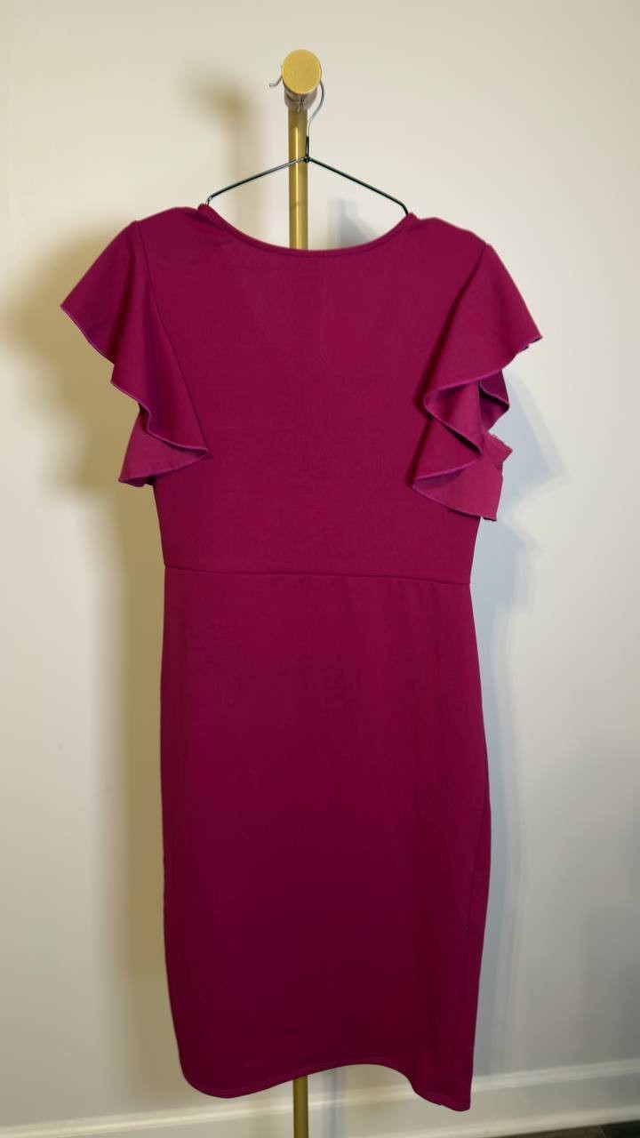 24seven Comfort Apparel Women’s V‑Neck Ruffle Sleeve Dress Magenta L NWT $97