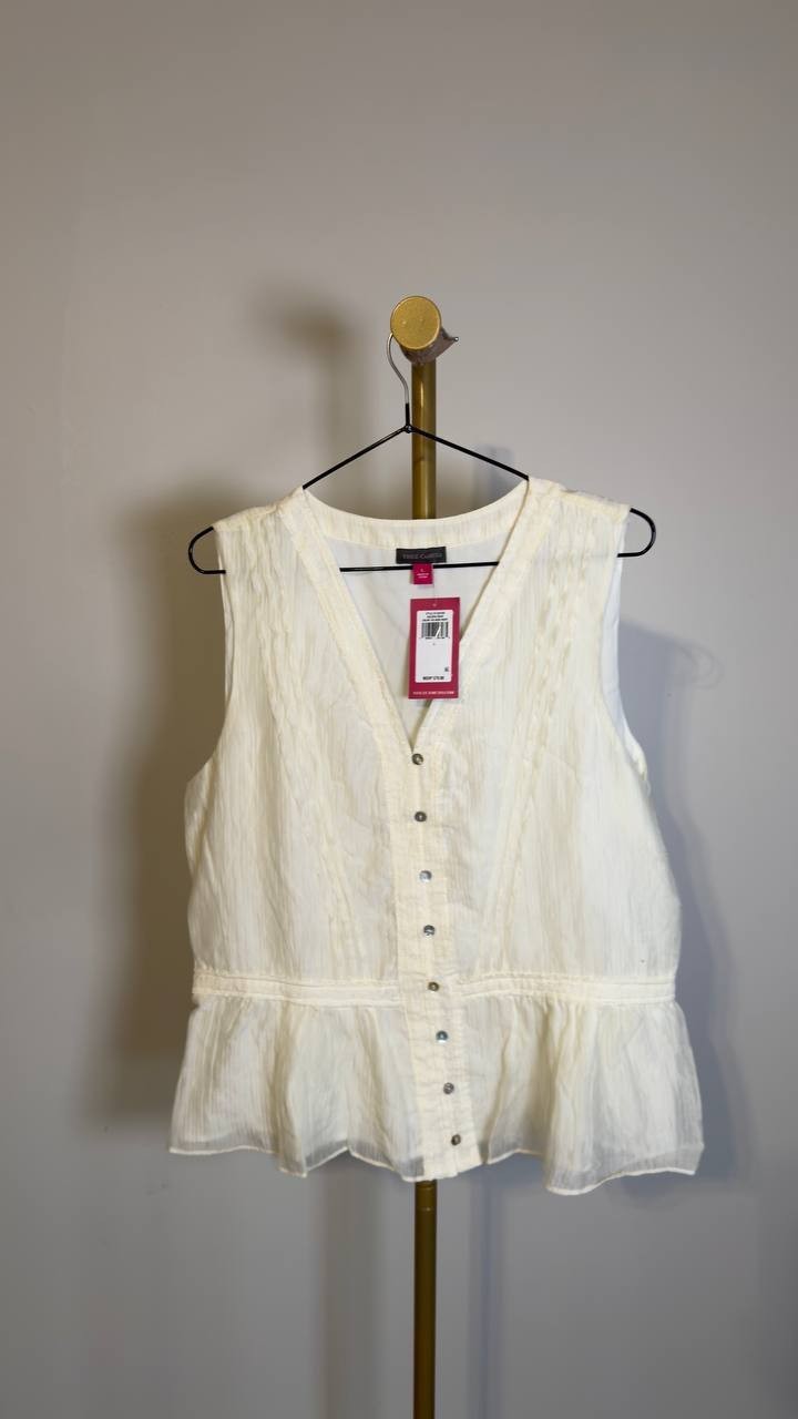 Vince Camuto Women’s Lace Trim Button‑Up Peplum Tank New Ivory L NWT $79