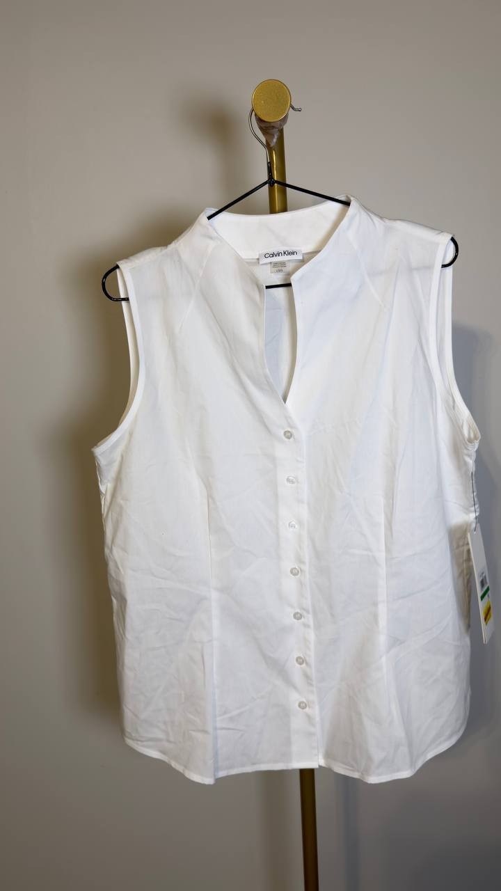 Calvin Klein Women’s Sleeveless Button‑Down Poplin Top White L NWT $99