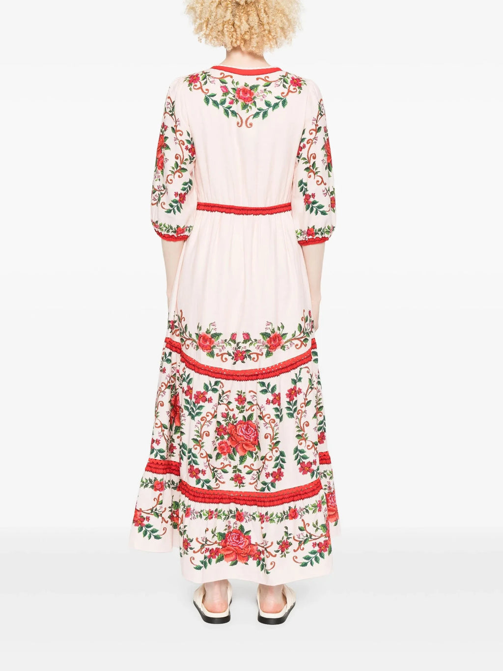 FARM Rio Floral Jacquard Maxi Dress Pink with Cutouts and Scalloped Edge M