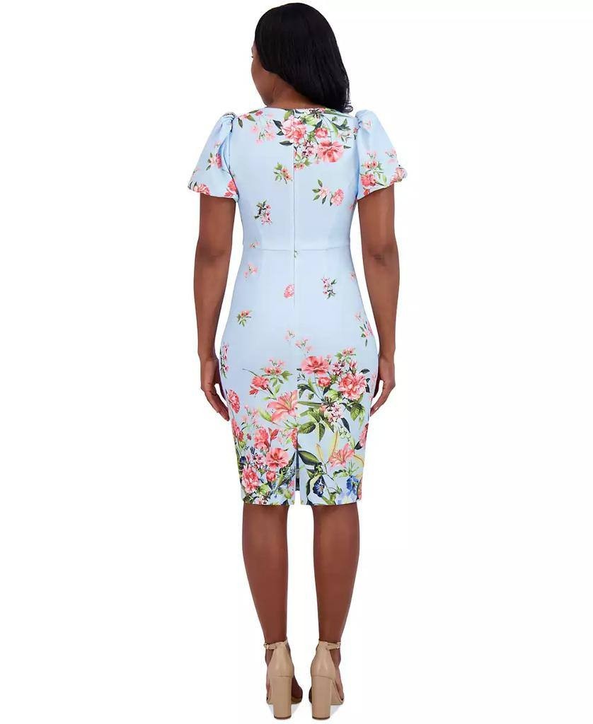 Eliza J Printed V‑Neck Bubble‑Sleeve Sheath Dress Light Blue 6 $138 NWT