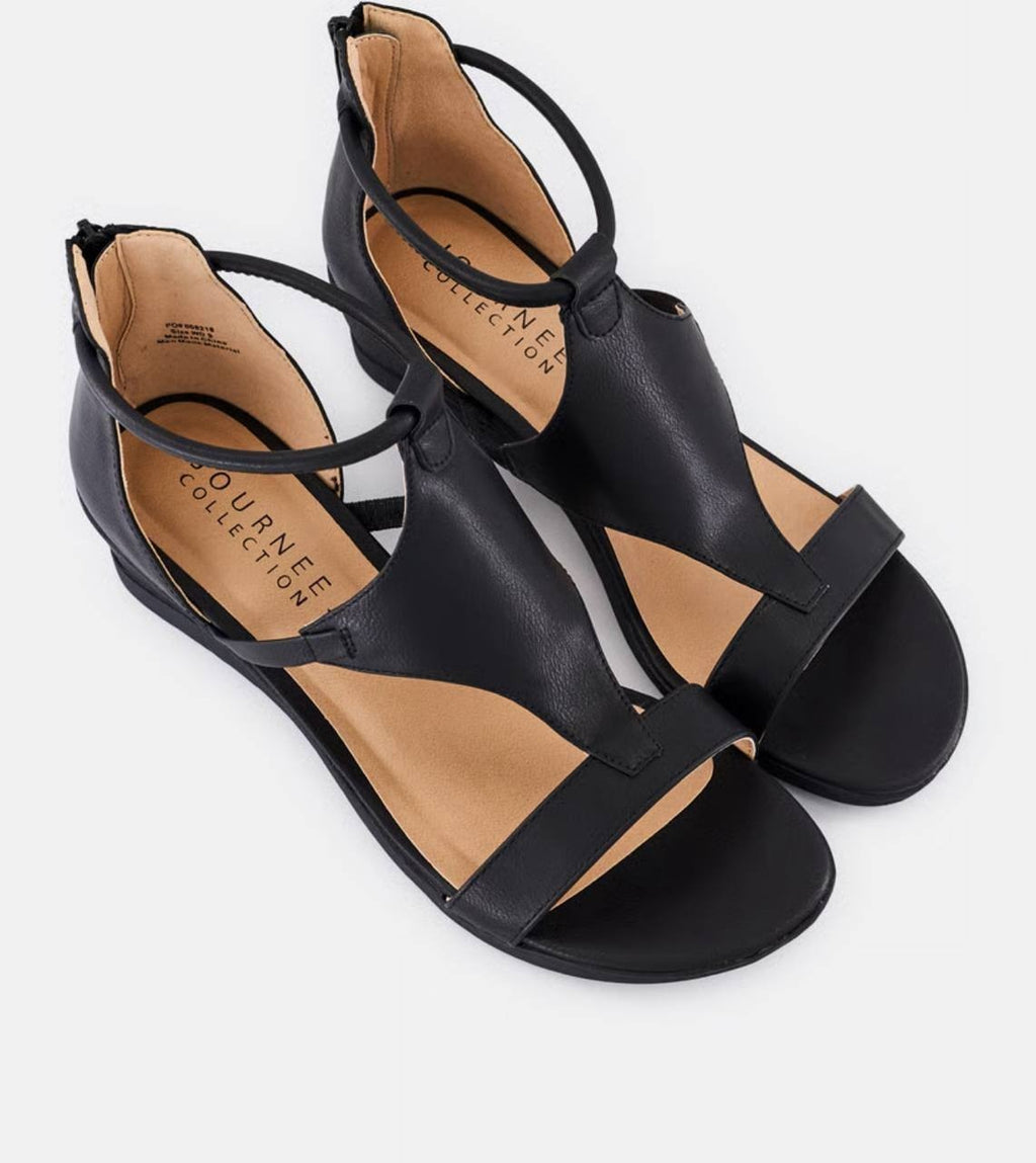 Journee Trayle Wide Wedge Sandals Black Faux Leather Zip Closure Womens 8.5