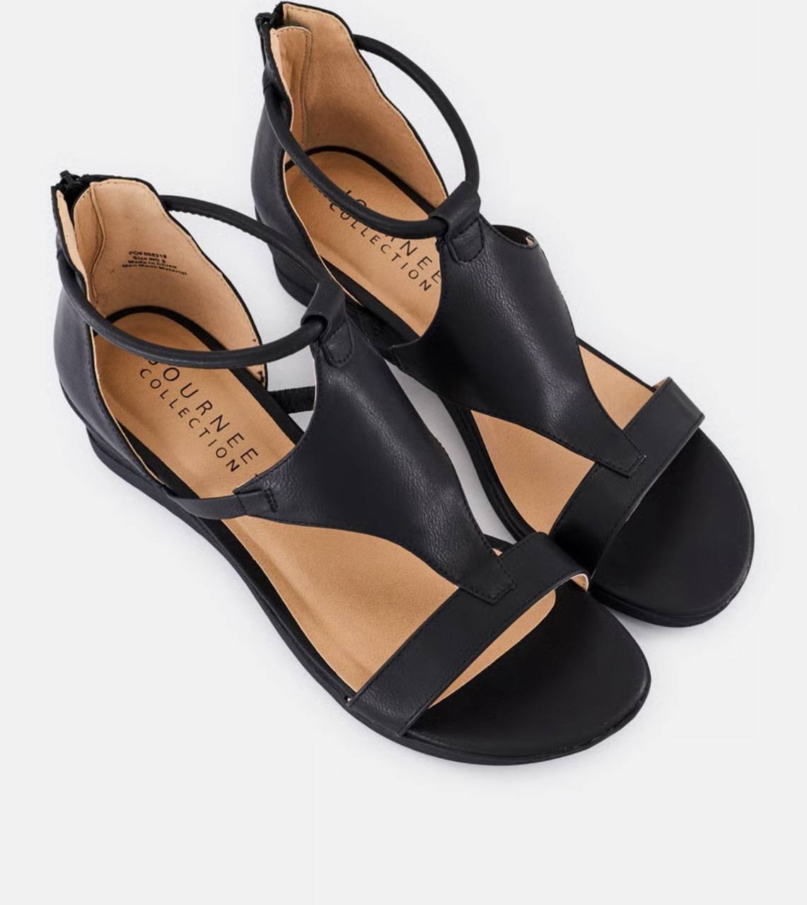 Journee Trayle Wide Wedge Sandals Black Faux Leather Zip Closure Womens 8.5