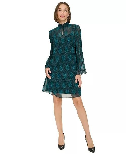 Tommy Hilfiger Dress 2 Green Ruffled Keyhole Neck Chiffon Shift Long Sleeve NWT