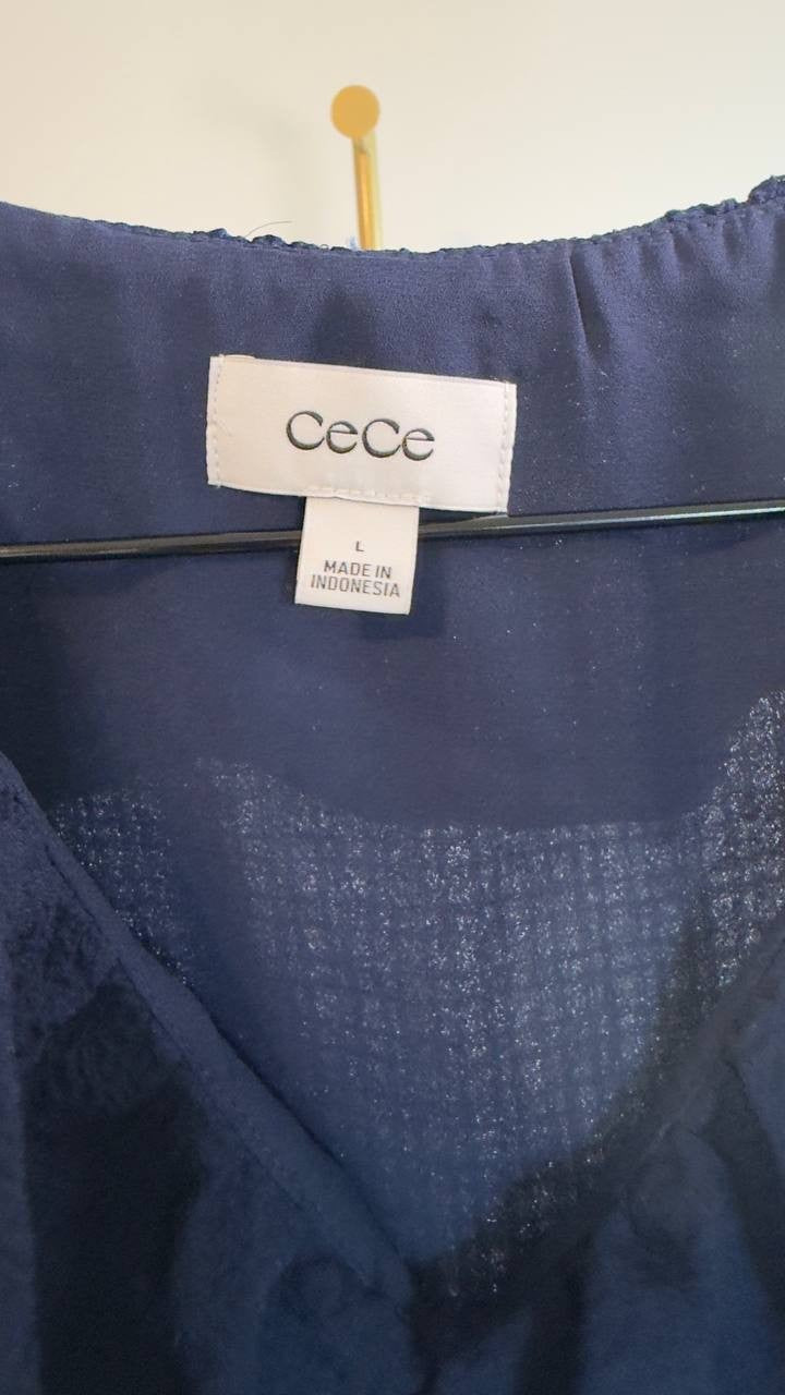 CeCe Ruffle Bubble Crepe Top L Classic Navy NWT $79