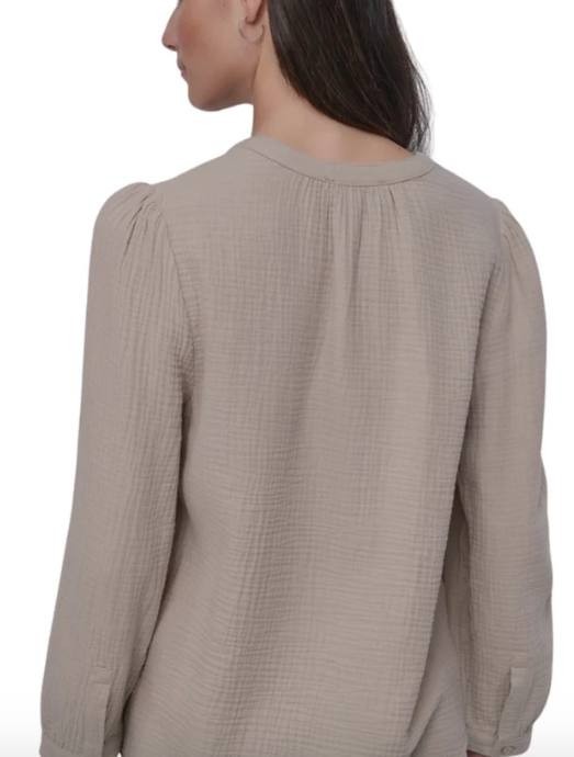 DKNY Jeans Textured Button‑Front Long‑Sleeve Top – Beige – Size XL – NWT – $59