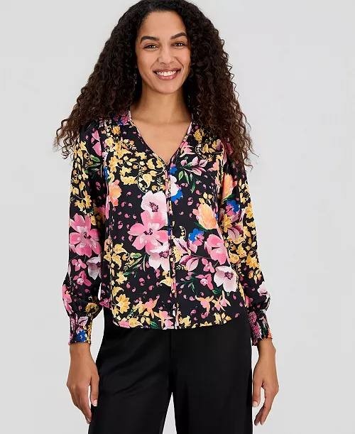 T Tahari Women’s Printed V‑Neck Pleated‑Back Top Black Multi M NWT $78