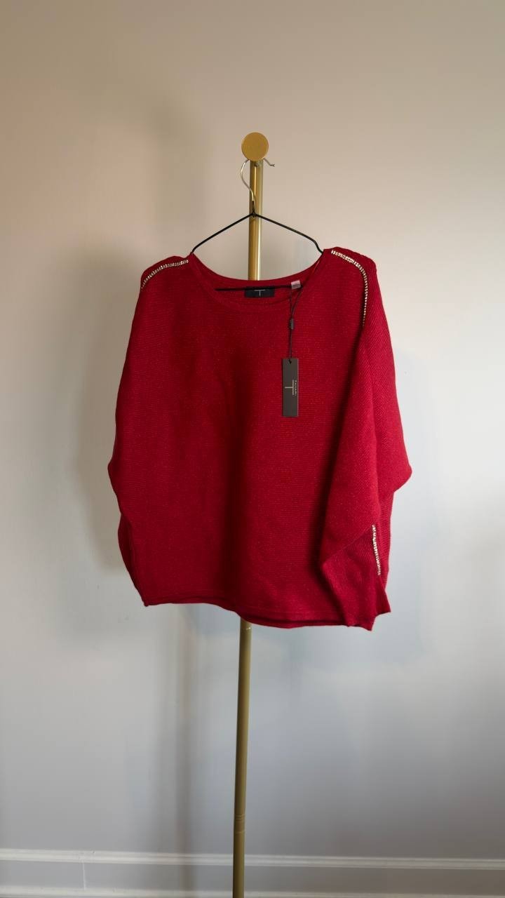 T Tahari Ribbed Embellished Dolman Sleeve Sweater XS Baked Cherry NWT $88