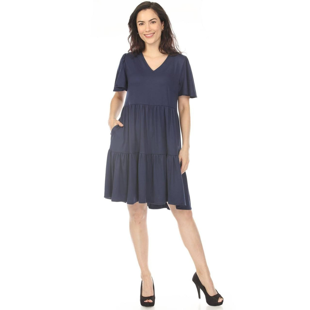White Mark Women’s V‑Neck Short Sleeve Tiered Mini Dress Navy XL NWT $76