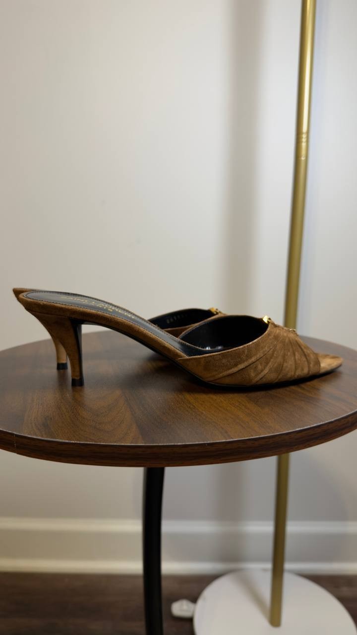 Saint  Laurent  Babylone  Mules  Suede  Dark Havana 37.5  New in Box  $1200