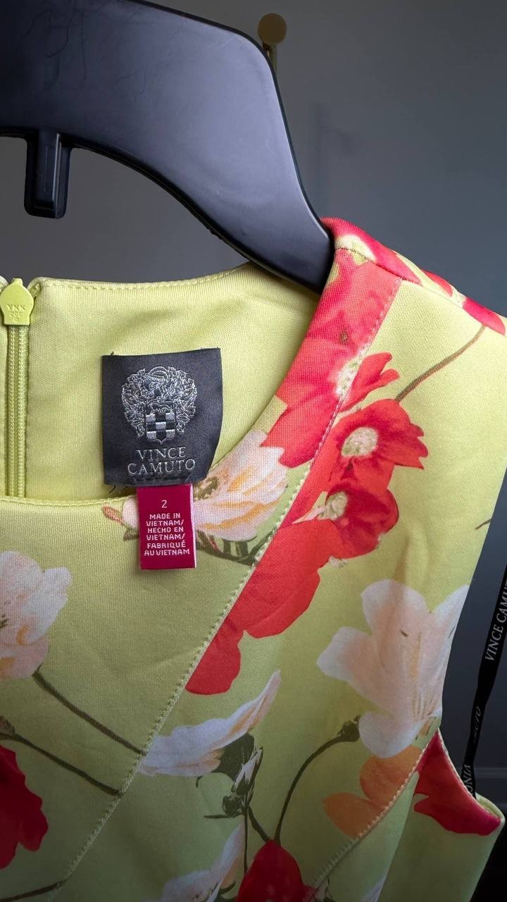 Vince Camuto Printed Scuba Fit & Flare Dress Lime 2 NWT $138