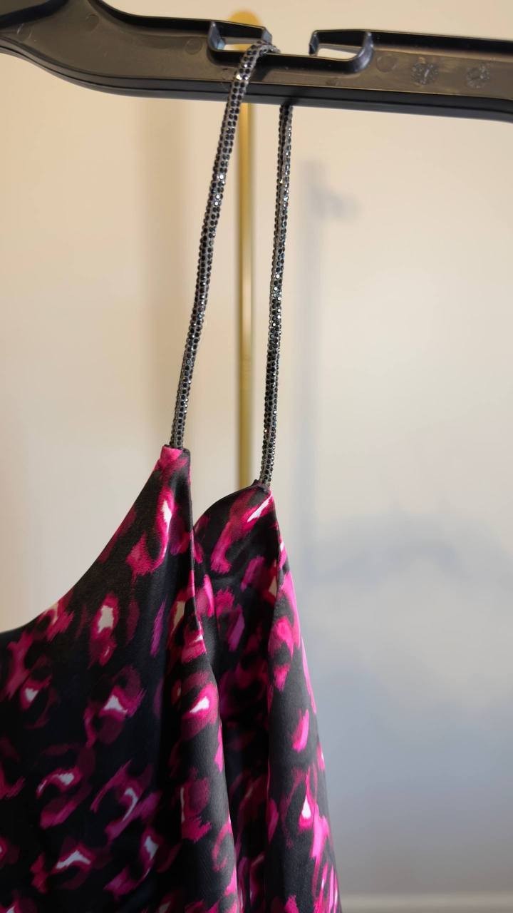 Bar III Satin Animal‑Print Drape‑Neck Top Black/Pink XS NWT $59