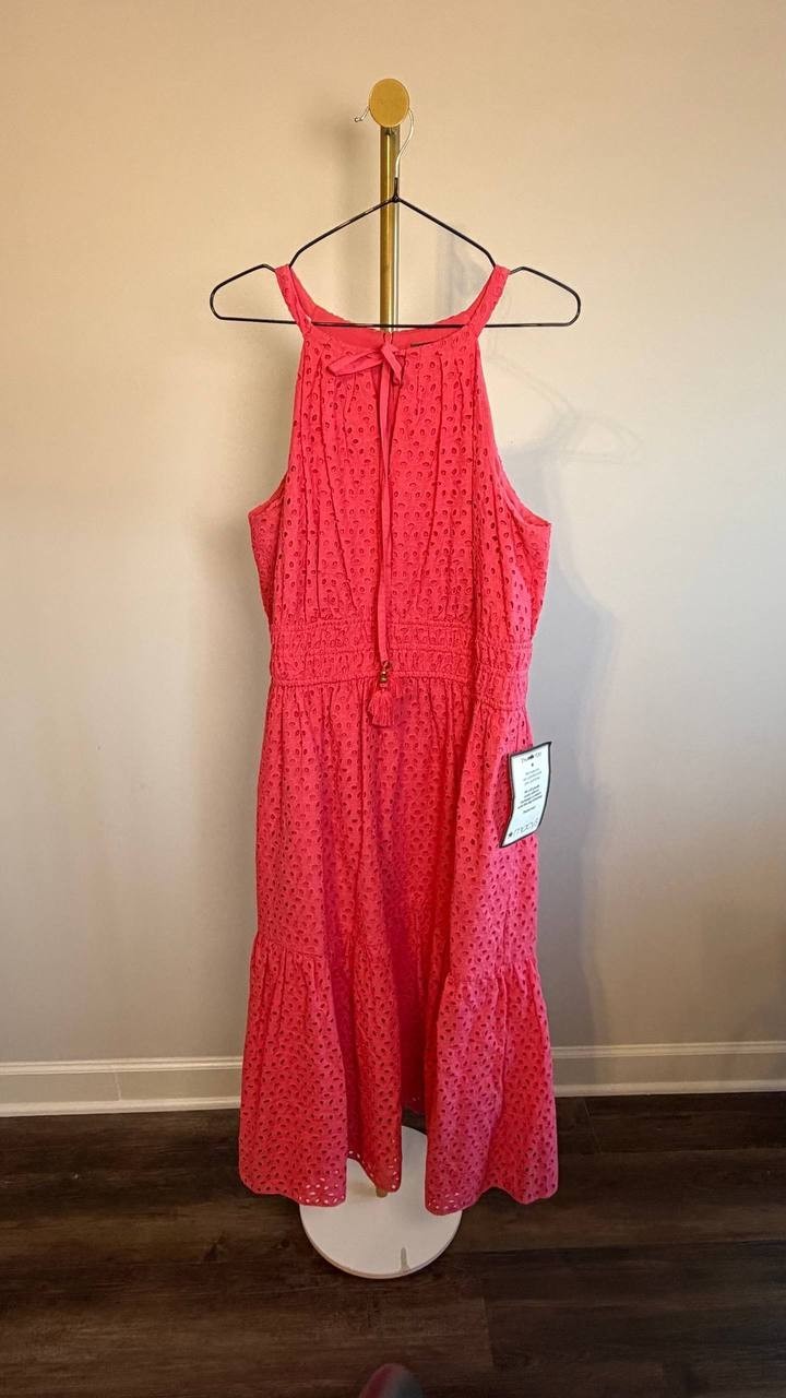 Vince Camuto Petite Cotton Tie‑Neck Tiered Dress Coral 12 NWOT $158
