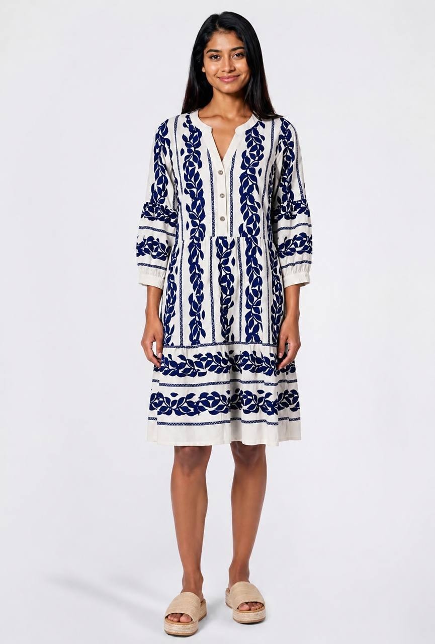 Figueroa & Flower 3/4 Sleeve Tier Babydoll A-Line Dress White/Navy L NWT $60