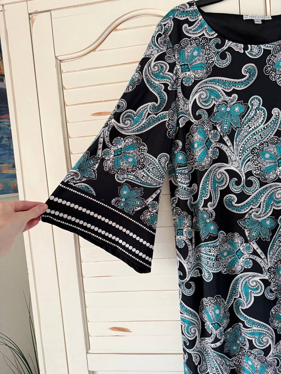 Sandra Darren Paisley Shift Dress Black/Turquoise Size L NWT $79 -3/4 Sleeve