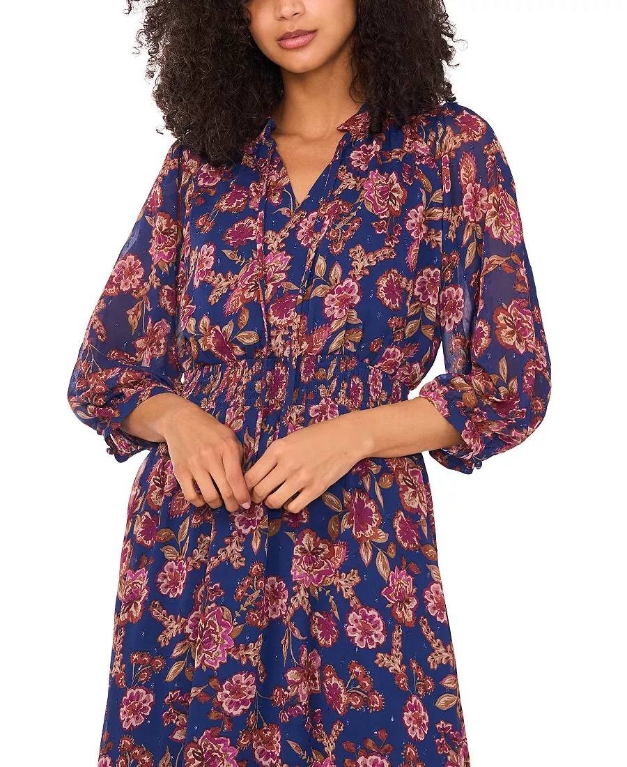 Vince Camuto Printed Tie‑Neck Puff‑Sleeve Maxi Dress –Deep Sky–Size M–NWT–$119