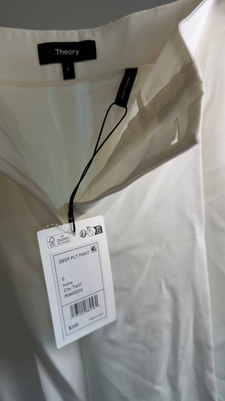 Theory Deep Pleat City Twill Wide‑Leg Pant 0 Ivory NWT $245