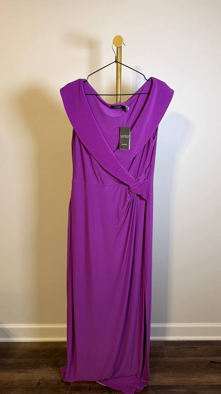 Lauren Ralph Lauren Off‑Shoulder Jersey Gown Purple Dawn 12 $225 NWT