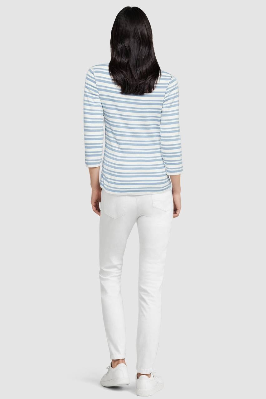 Three Dots Boatneck Striped Tee, Faded Denim, Size M, NWT, 100% Cotton