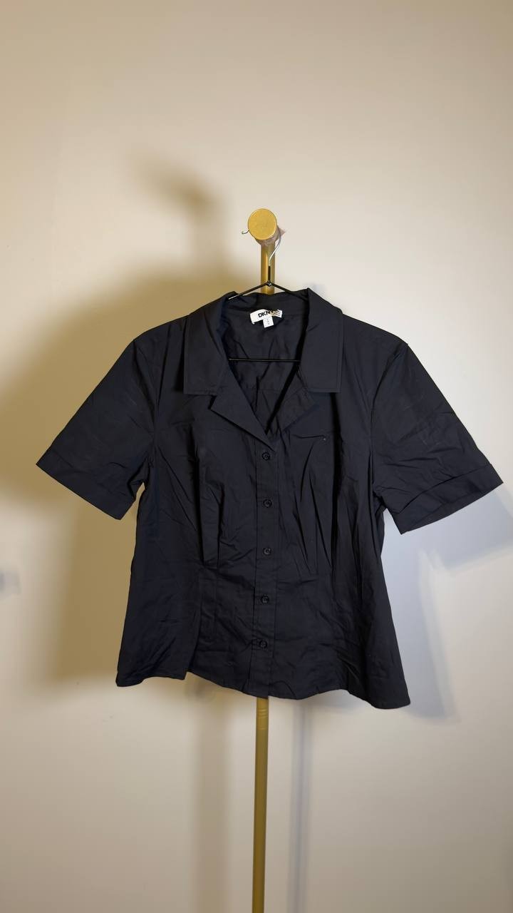 DKNY Short‑Sleeve Collared Button‑Front Blouse Black L NWT $99