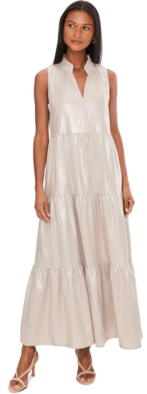 Vince Camuto Tiered Ruffle Maxi Dress Smocked Waist Neutral XL NWT $129