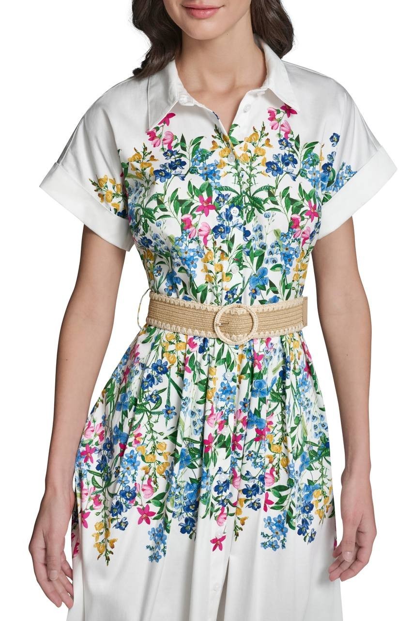 Karl Lagerfeld Paris Placed Floral Print Belted Midi Shirtdress White 10 NWT $50