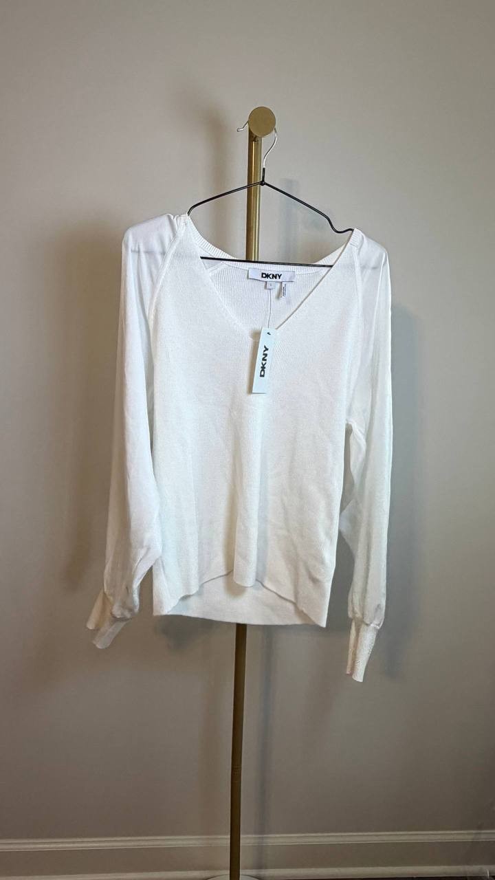 DKNY Long Sleeve Mix Media V‑Neck Top, Size L, White, NWT $79