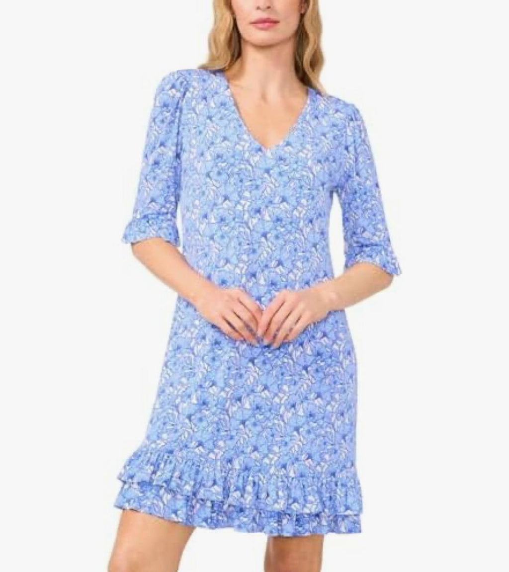 CeCe Dress S Blue V-Neck Knit Ruffle Hem Long Sleeve Pullover Stretch NWT