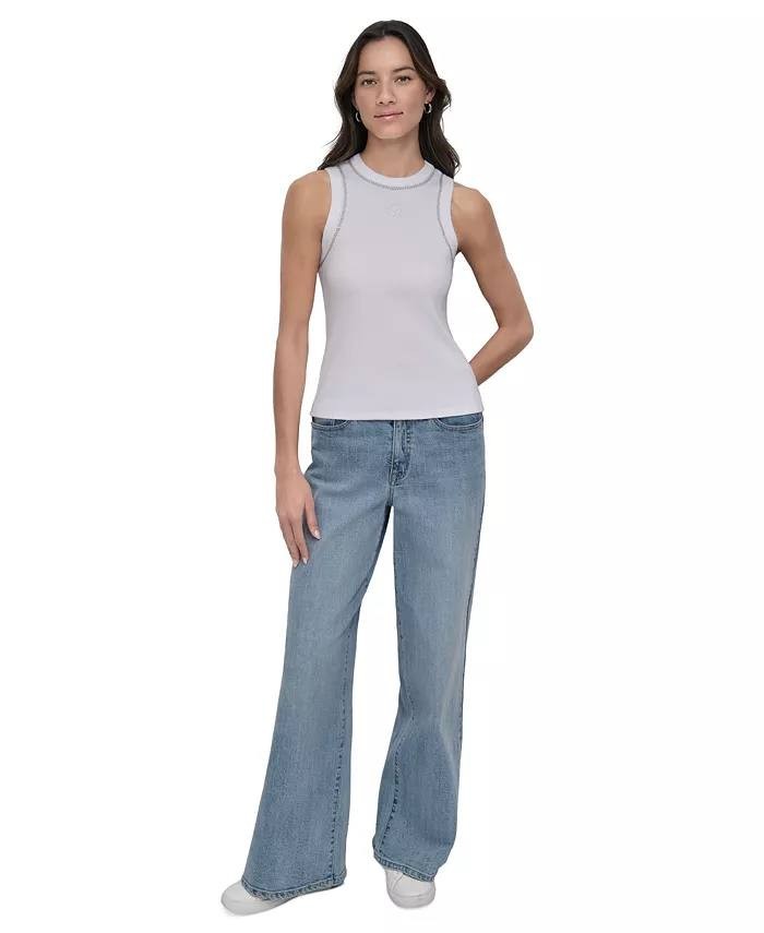 DKNY Rhinestone Trim Ribbed Tank Top White  Size PS NWOT needs washing