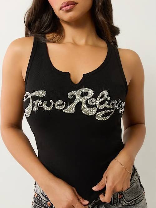 True Religion Crystal Logo V‑Notch Tank Jet Black XXL NWT $59
