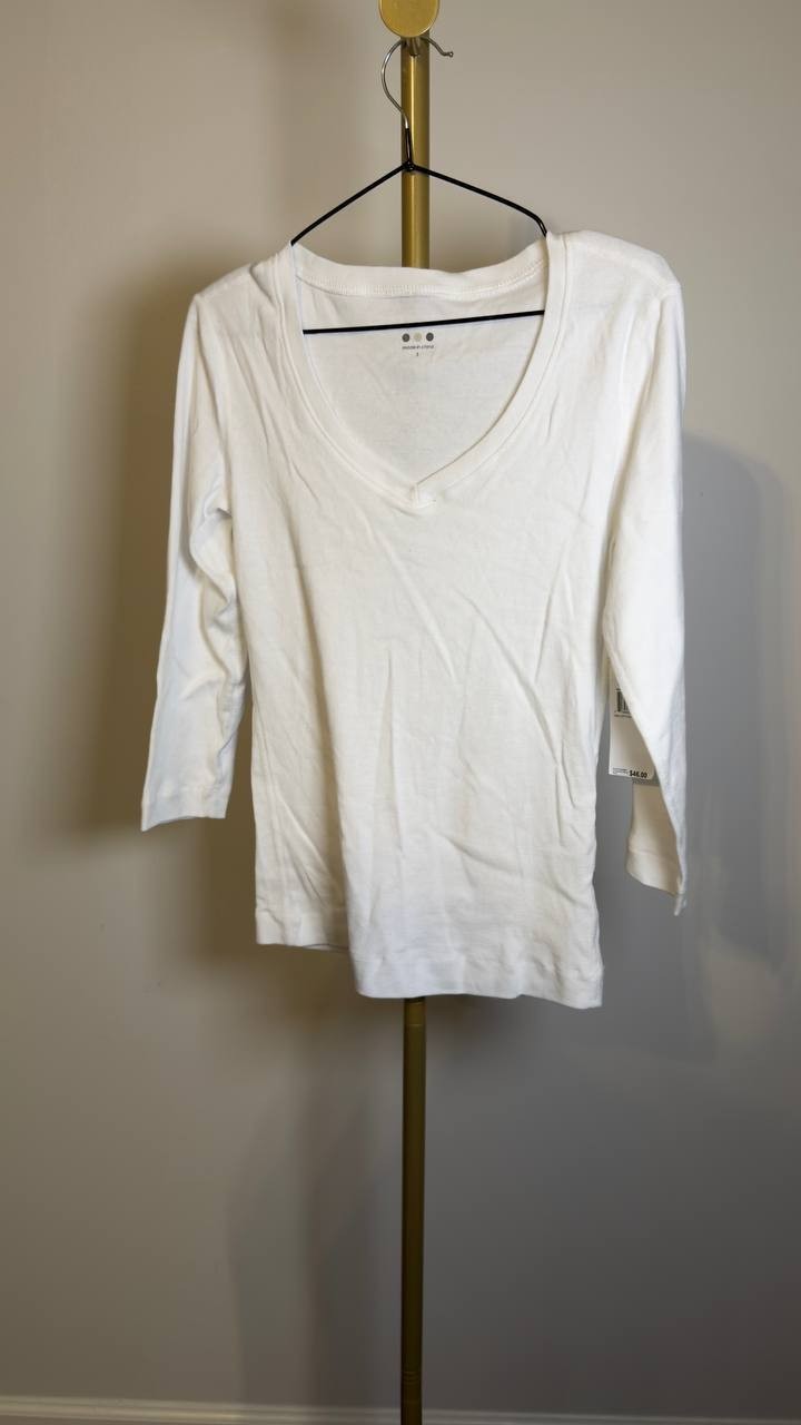 Three Dots Knit 3/4 Sleeve V‑Neck Tee White S NWT $46