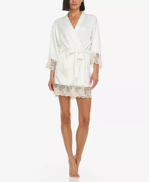 Flora Nikrooz Rosa Kimono Robe in Ivory Satin & Lace Size XS