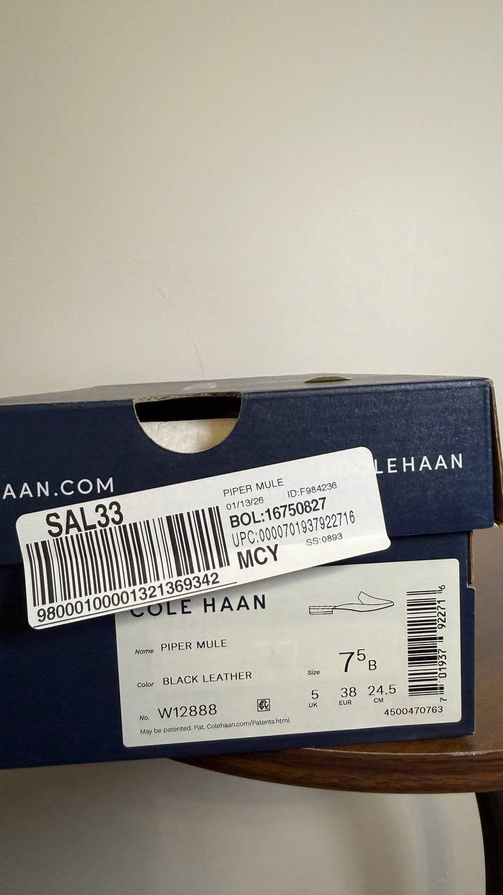 Cole Haan Piper Mules 7.5B Black Leather Slip‑On Almond Square Toe NIB msrp$155