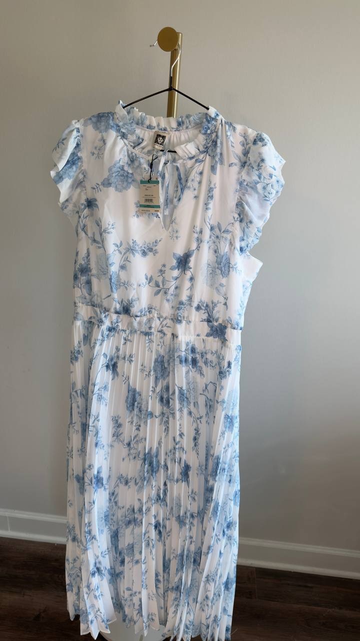 Anne Klein Pleated Flutter‑Sleeve Midi Dress Crisp White Multi 16 NWT $159