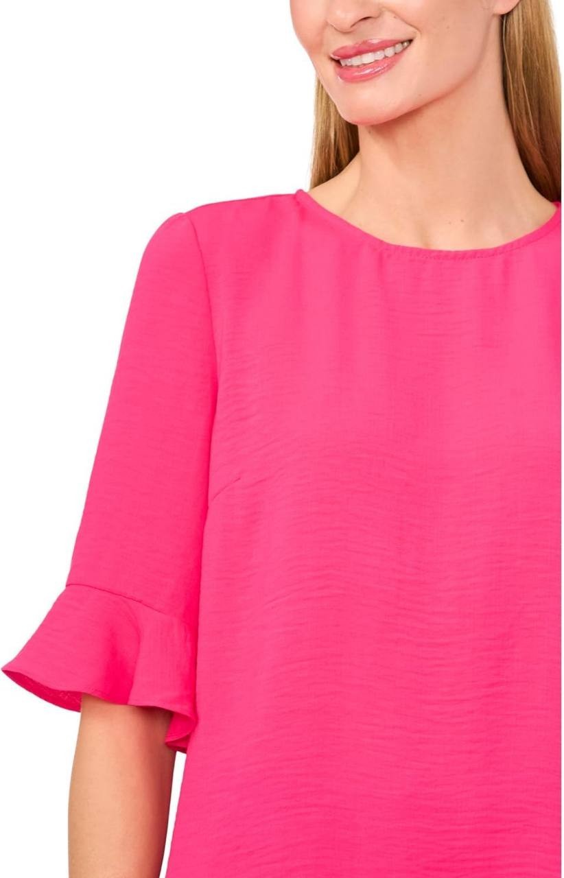 CeCe Textured Ruffled-Cuff Blouse Bright Rose XL NWT Crewneck Keyhole Back